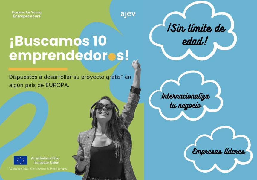 Xica alçant el braç i text: busquem 10 emprenedors.